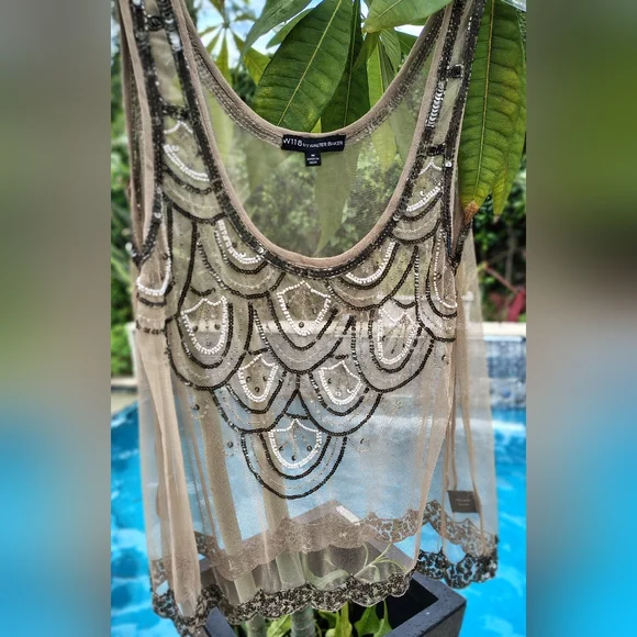 W118 BY WALTER BAKER SHEER BEADED STUNNING ART DECO TOP WOMEN'S Sz M - Picture 2 of 6
